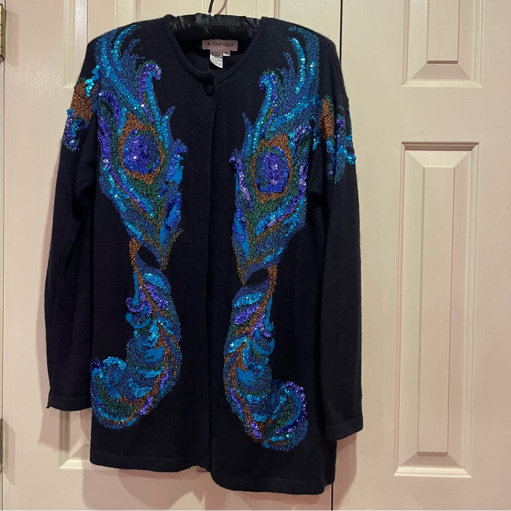 Vintage Silk Angora Blend One Button Open Cardigan Sequins Outlander Black Sz M
